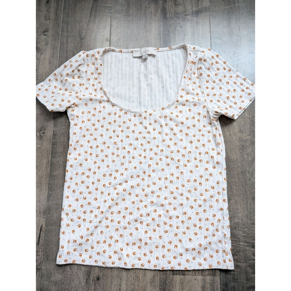 LOFT White Scoop Neck Ribbed Tee with Teeny Orange Floral